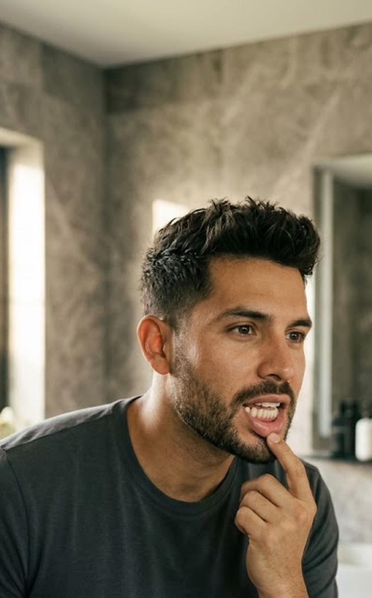 Hombre joven revisando sus dientes inferiores chuecos en el espejo — Invisalign Touch Up