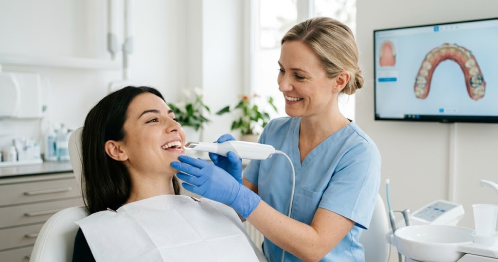Escaneo intraoral con escáner iTero a una paciente sonriente en Siroco Dental Polanco
